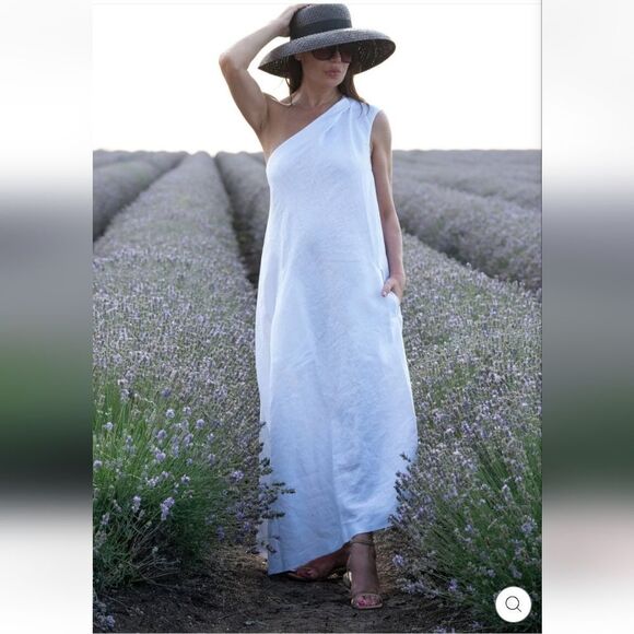 LJC DESIGNS dress 100% Linen one shoulder asymmetrical hem coastal summer dress - Picture 1 of 12